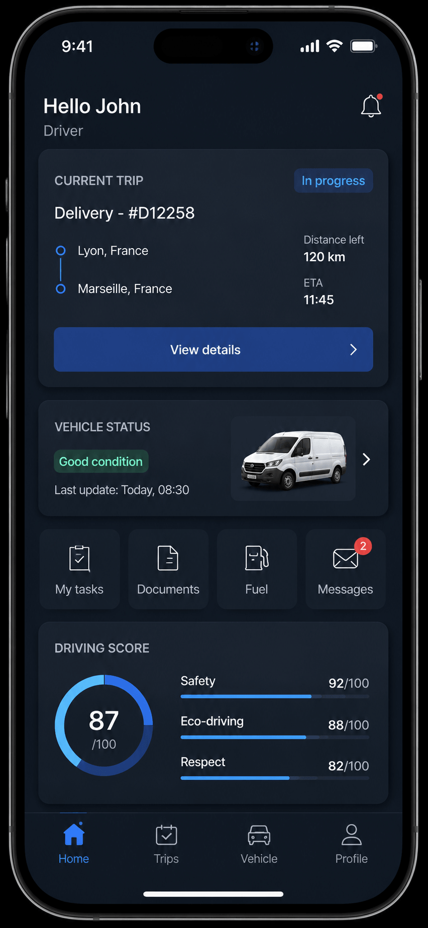 CodeNekt mobile app showing trip tracking, vehicle status, tasks, documents, fuel, messages, and eco-driving score.