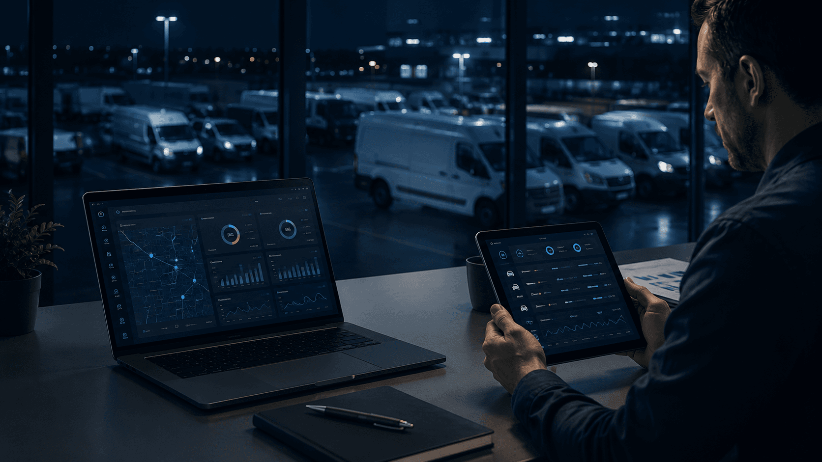 Fleet manager analyzing maintenance signals and operational performance dashboards to optimize vehicle fleet efficiency