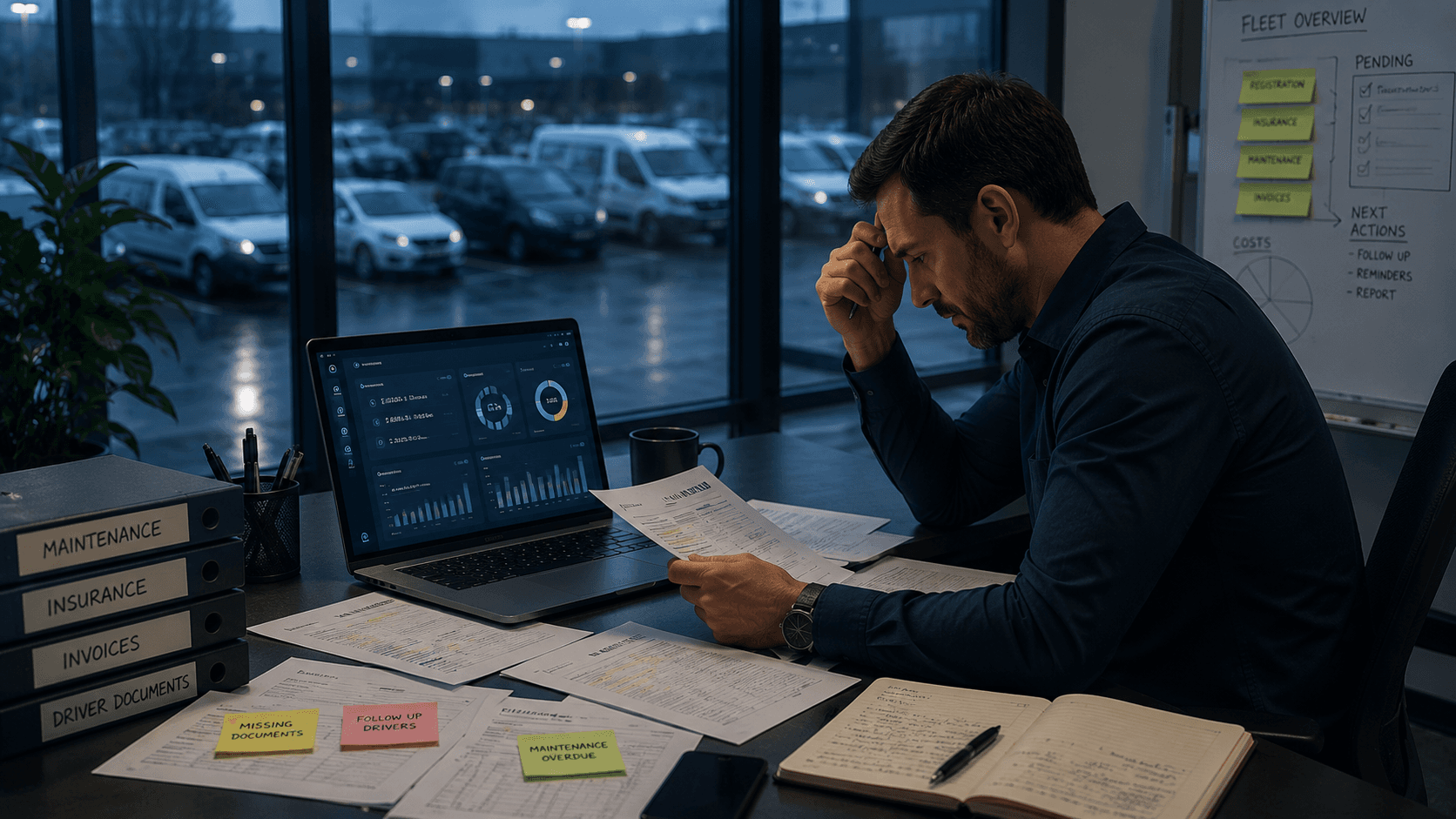 Fleet manager searching through documents, maintenance records and operational data to manage vehicle fleet operations